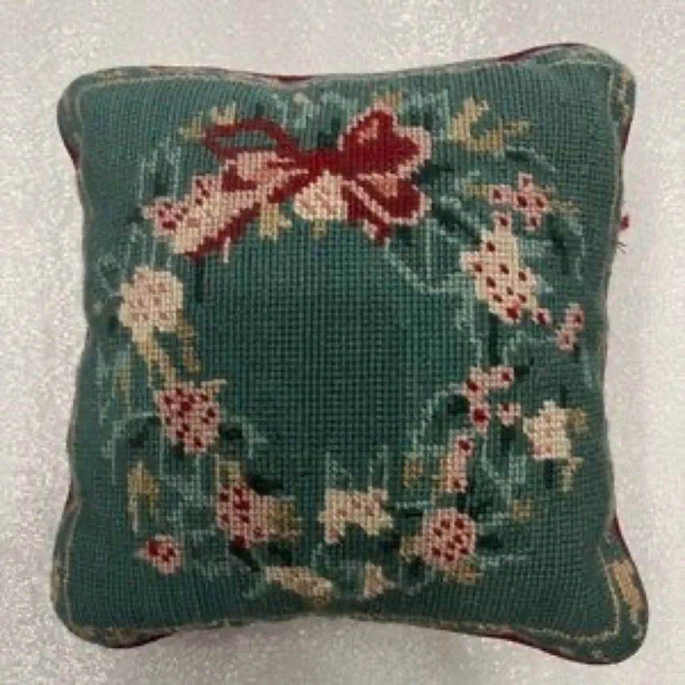 Holiday Needlepoint Decorative Throw Pillow - Red, Green, Cream